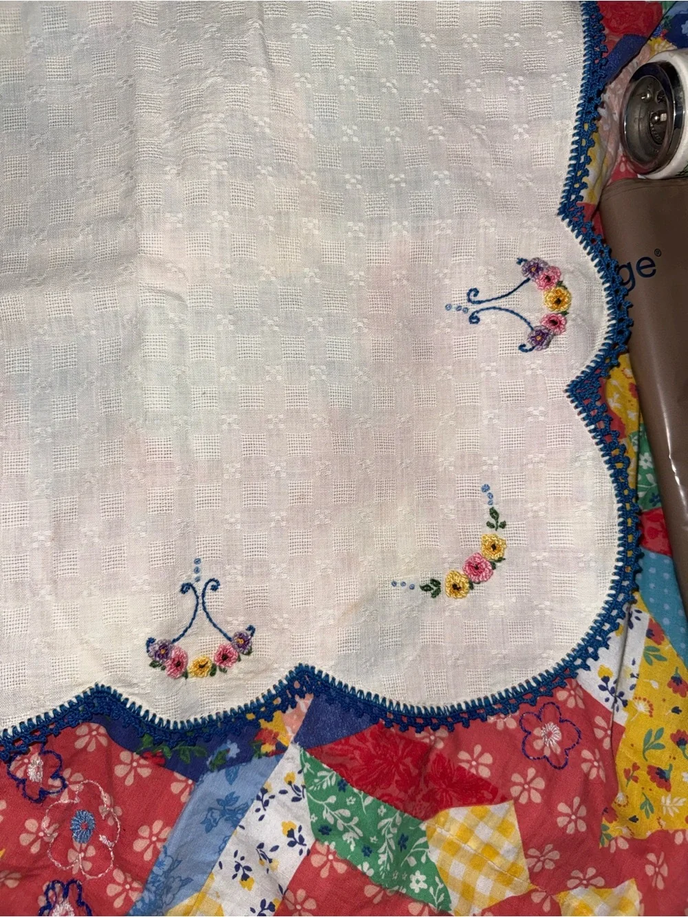 Embroidered White Cotton Tablecloth with Navy Scalloped Edge
